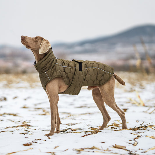 Size 2XL Olive Green Warm Quilted Dog Winter Coat - Adjustable Fleece-Lined Puffer Vest with Reflective Trim & Leash Port