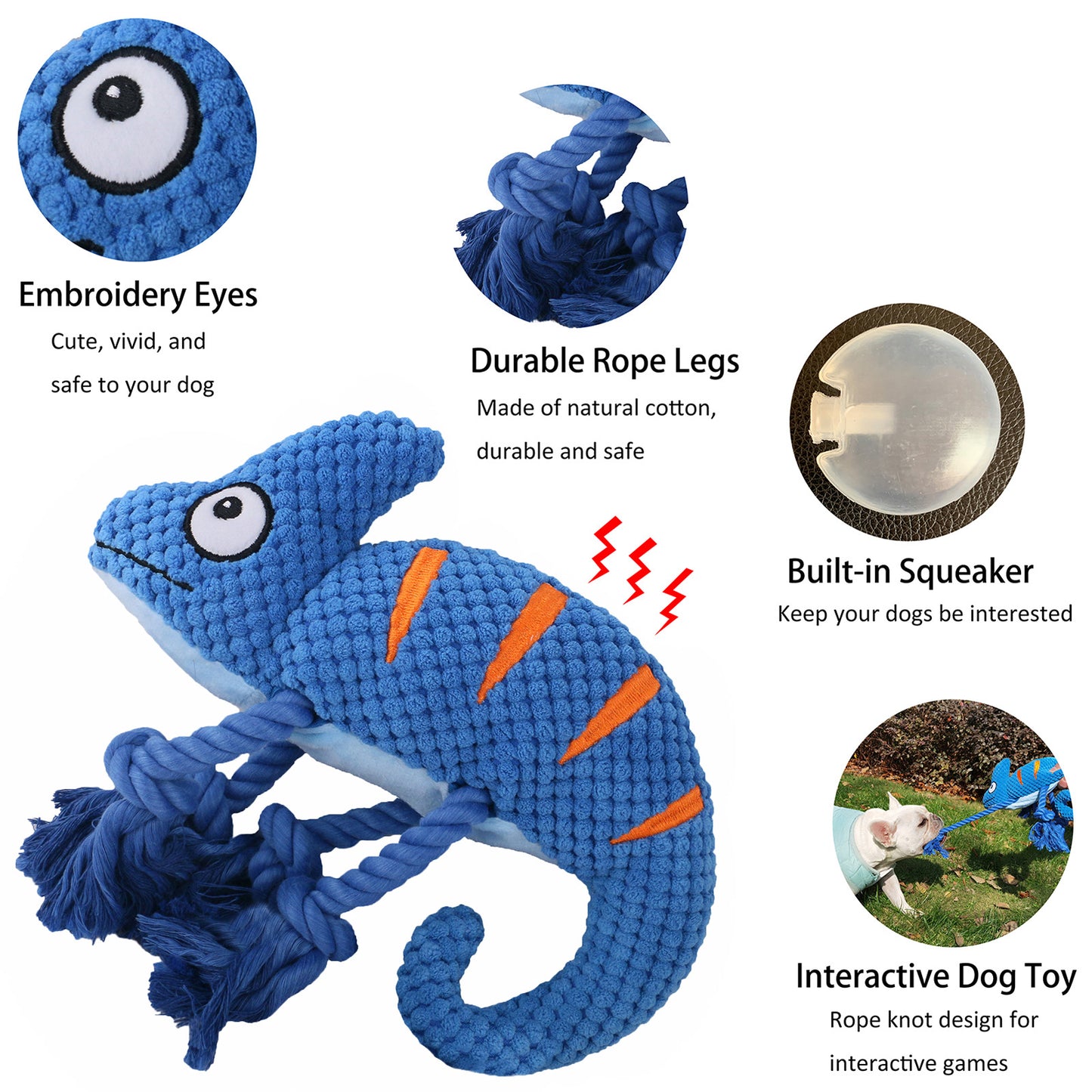 2 Pcs Blue Interactive Plush Chameleon Dog Toy with Squeaker & Rope Legs - Durable Chew Toy for Medium/Large Dogs, Teeth Cleaning Texture, Machine Washable (10.2in)