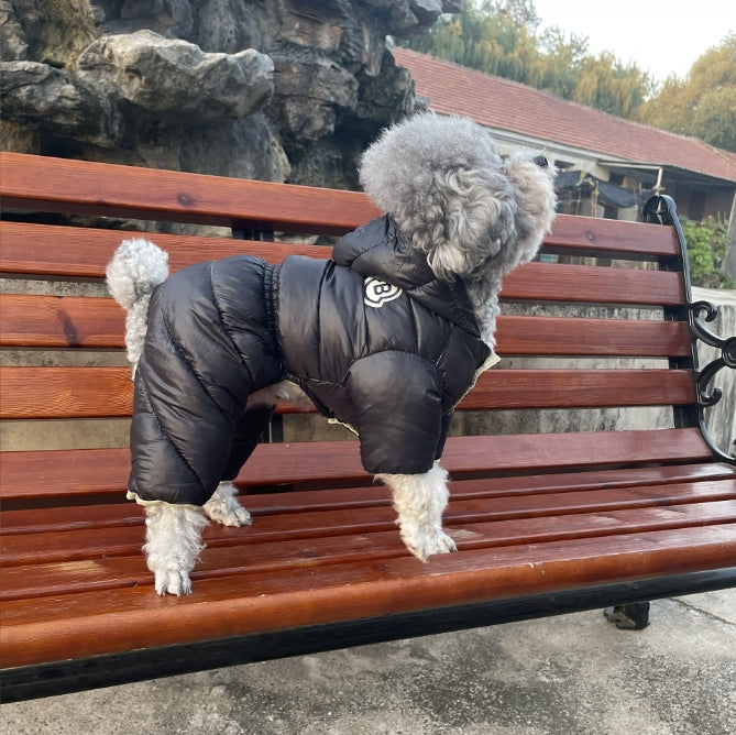 Black Warm Puffer Dog Coat - Waterproof Four-Legged Winter Jumpsuit for Small Dogs
