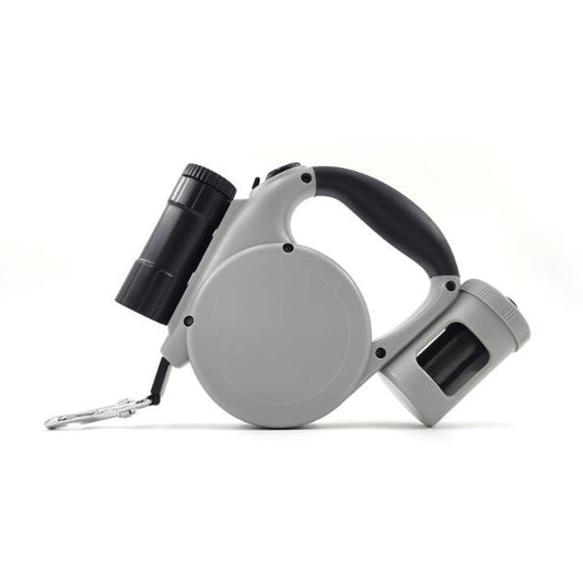 Grey 3-in-1 Retractable Dog Leash with LED Flashlight & Poop Bag Dispenser | Heavy Duty Tangle-Free Leash for Safe Night Walks