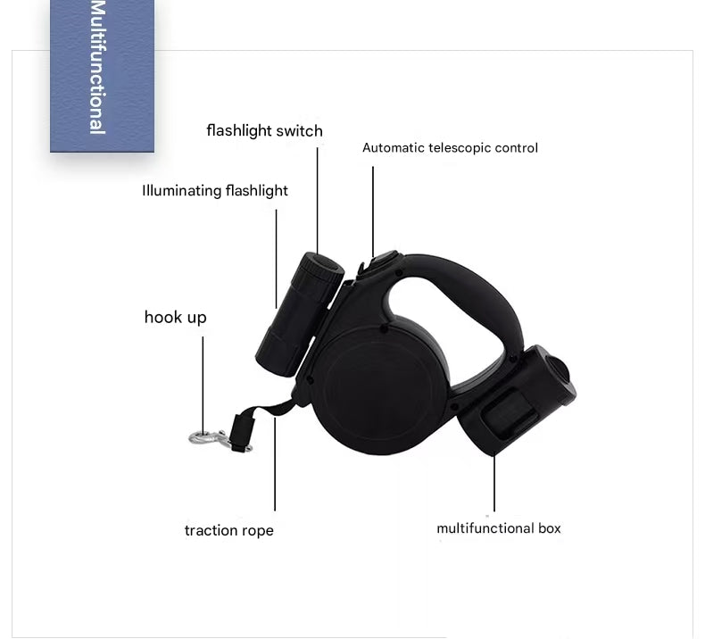 Yellow 3-in-1 Retractable Dog Leash with LED Flashlight & Poop Bag Dispenser | Heavy Duty Tangle-Free Leash for Safe Night Walks