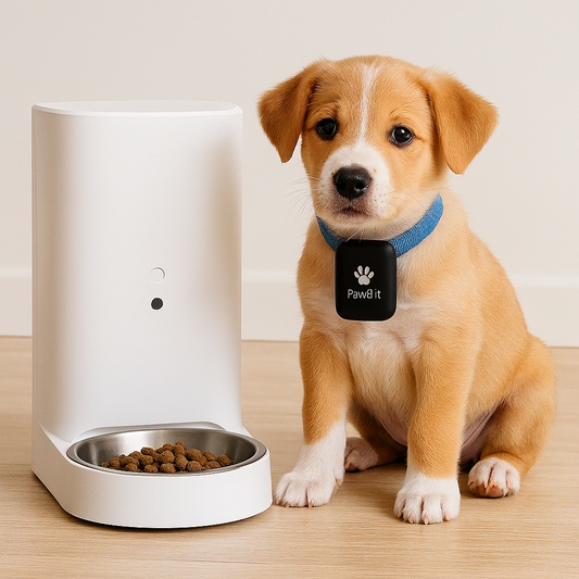 Puppy sitting next to a white pet feeder with a bowl of food on a wooden floor bought from Pawbit